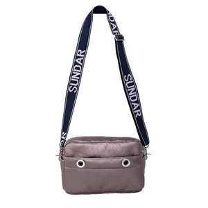 Laura Crossbody, Pyrite Metallic with Blue and White Adjustable Strap